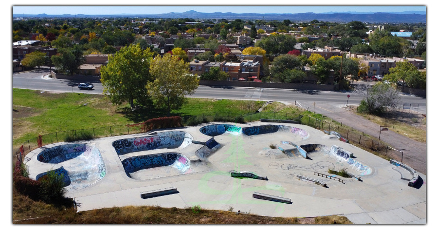 aerial view of martha f. ramirez skatepark in santa fe