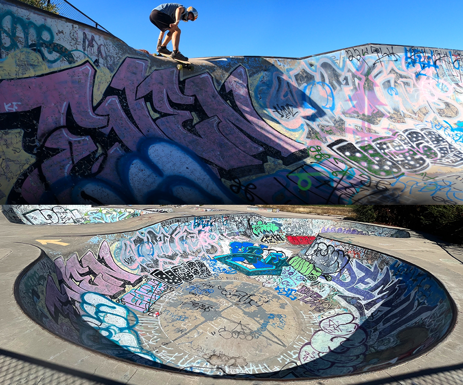 longboarding the roll in to a fun bowl at Martha F. Ramirez skatepark