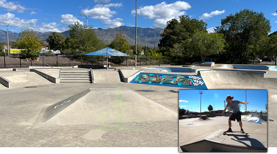 mountain views and art at los altos skatepark in new mexico